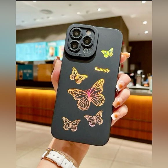 NWT iPhone13ProMax Golden Chrome Butterfly Black Rubber Phone Case - Picture 3 of 3